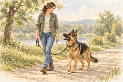 An adult German Shepherd and its owner look toward each other on a relaxed country walk