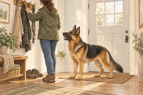 A German Shepherd waits by the front door while its owner reaches for a coat and lead
