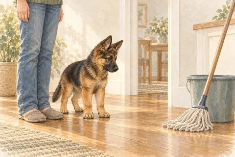 A German Shepherd puppy watches a mop and bucket from beside its owner