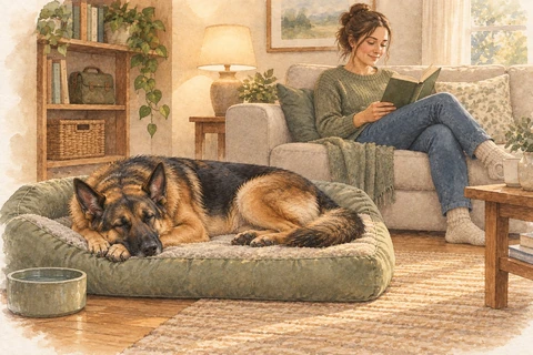 A German Shepherd rests on a bed beside its owner during a quiet evening