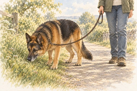An older German Shepherd sniffs beside a path while its owner waits with a loose lead